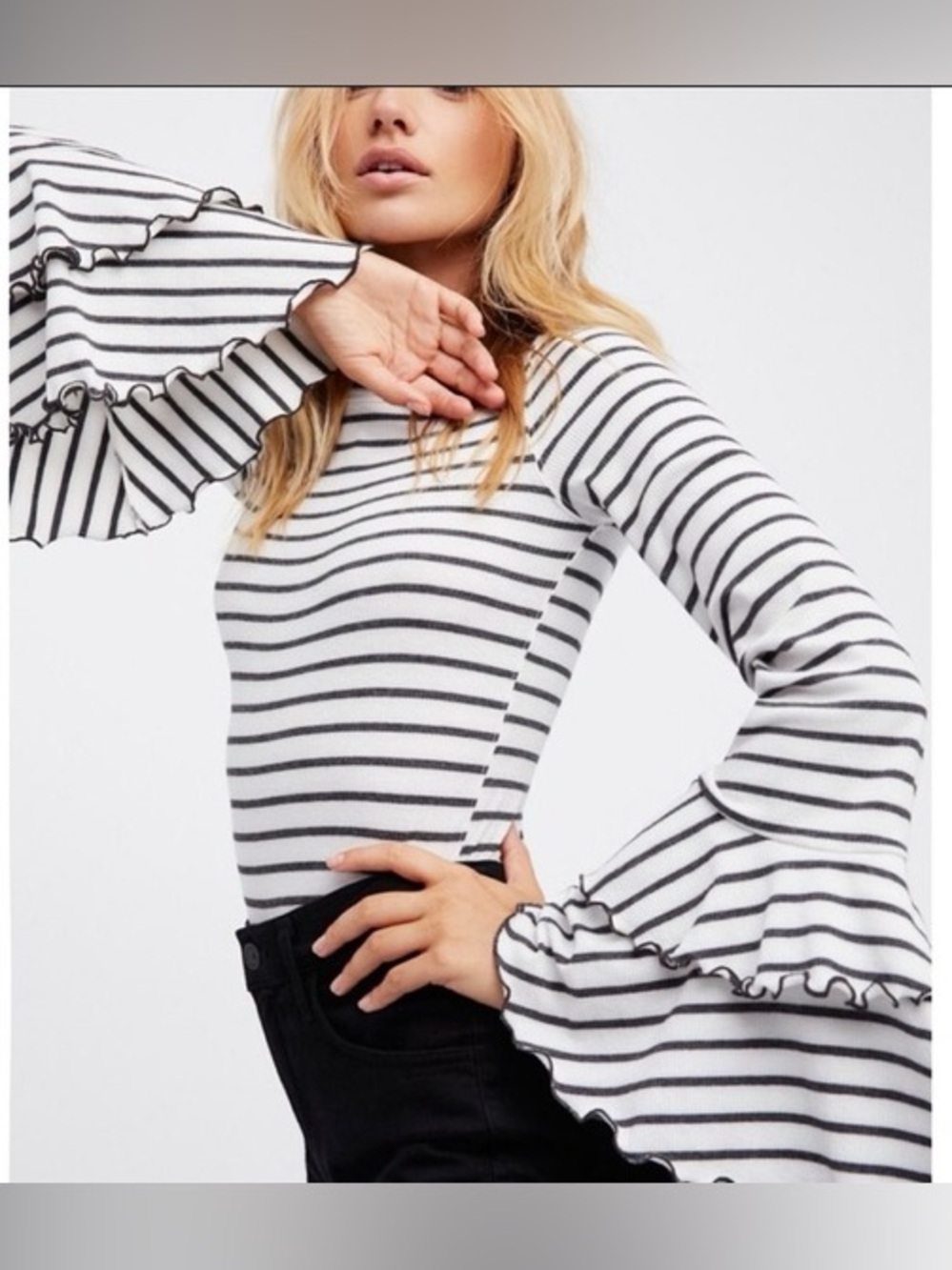 We The Free People Avant Garde White Black Striped Ruffle Bell Sleeve Top L